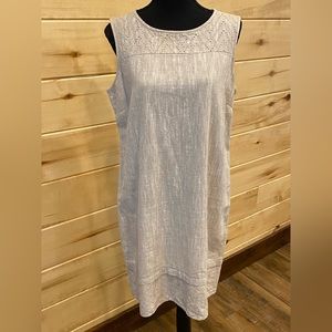 Dana Buchman Beige Linen & Cotton Dress with Beige Eyelit Trim at Neck & Hem